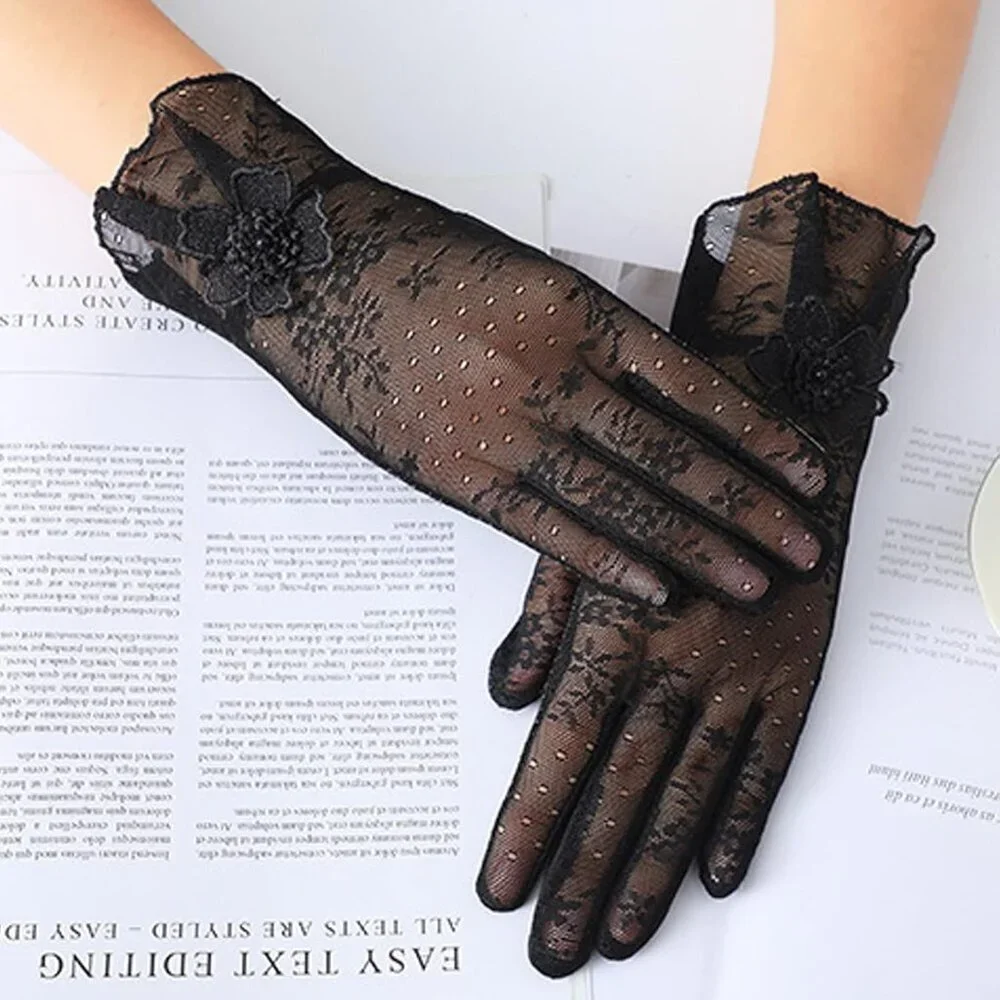 Women's Flower Black Lace Gloves Summer Protection Wedding Parties Tea Prom